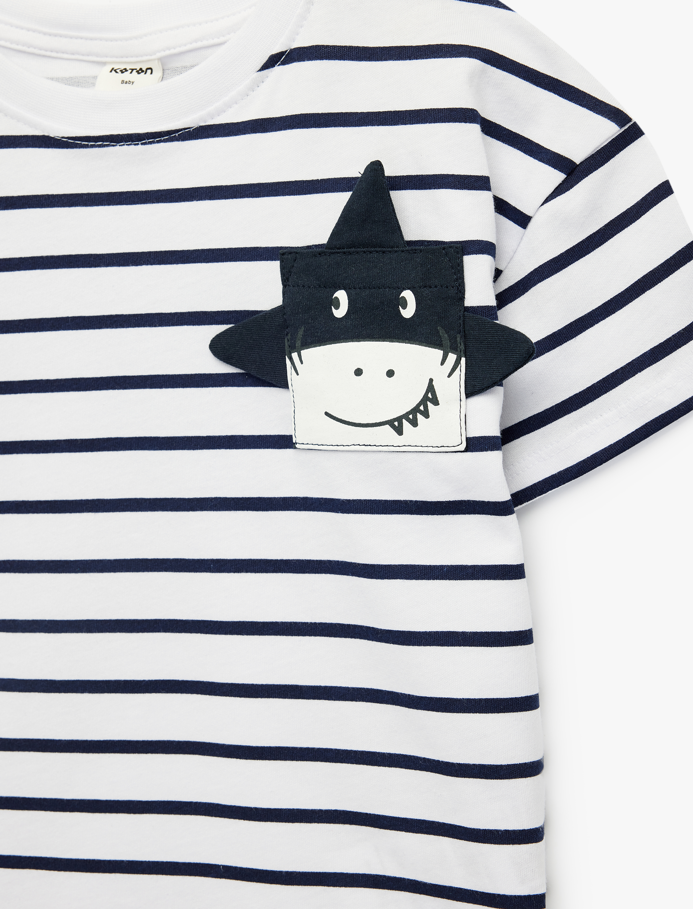  Erkek Bebek Pamuklu Kısa Kollu Bisiklet Yaka Aplikeli Çizgili Tişört