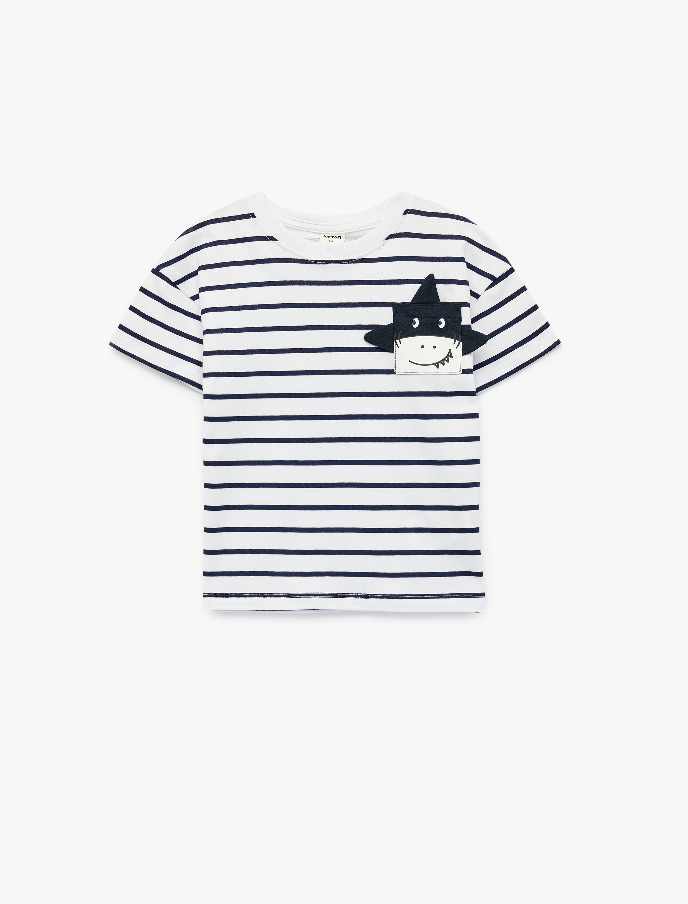  Erkek Bebek Pamuklu Kısa Kollu Bisiklet Yaka Aplikeli Çizgili Tişört