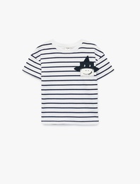 Pamuklu Kısa Kollu Bisiklet Yaka Aplikeli Çizgili Tişört