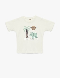 Dinozor Baskılı Kısa Kollu Bisiklet Yaka Pamuklu Oversize Tişört