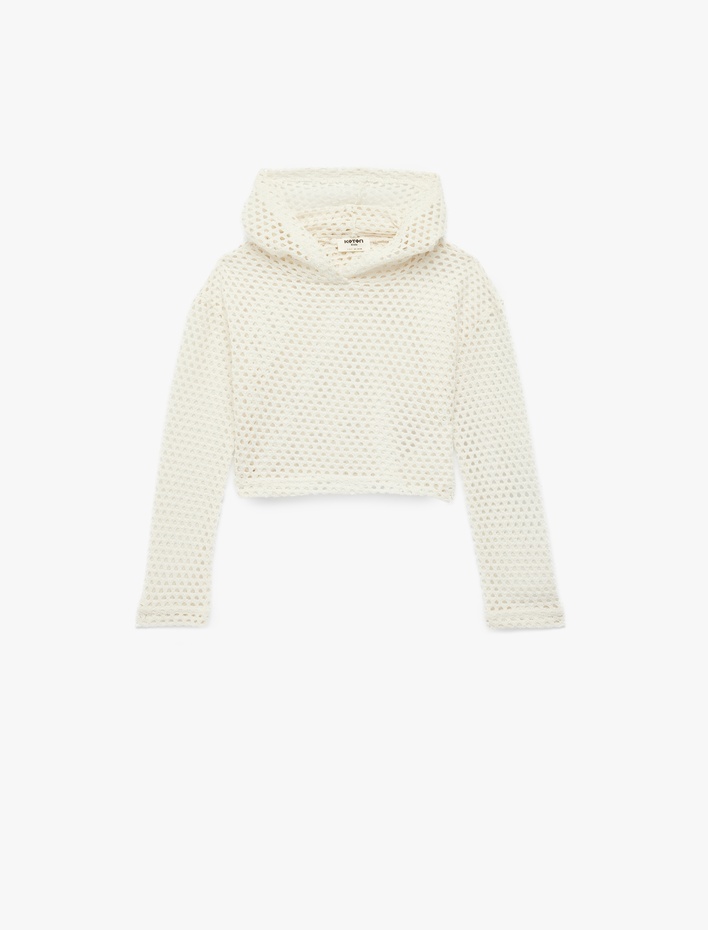 Kız Çocuk Kapşonlu Uzun Kollu Ajurlu Crop Sweatshirt