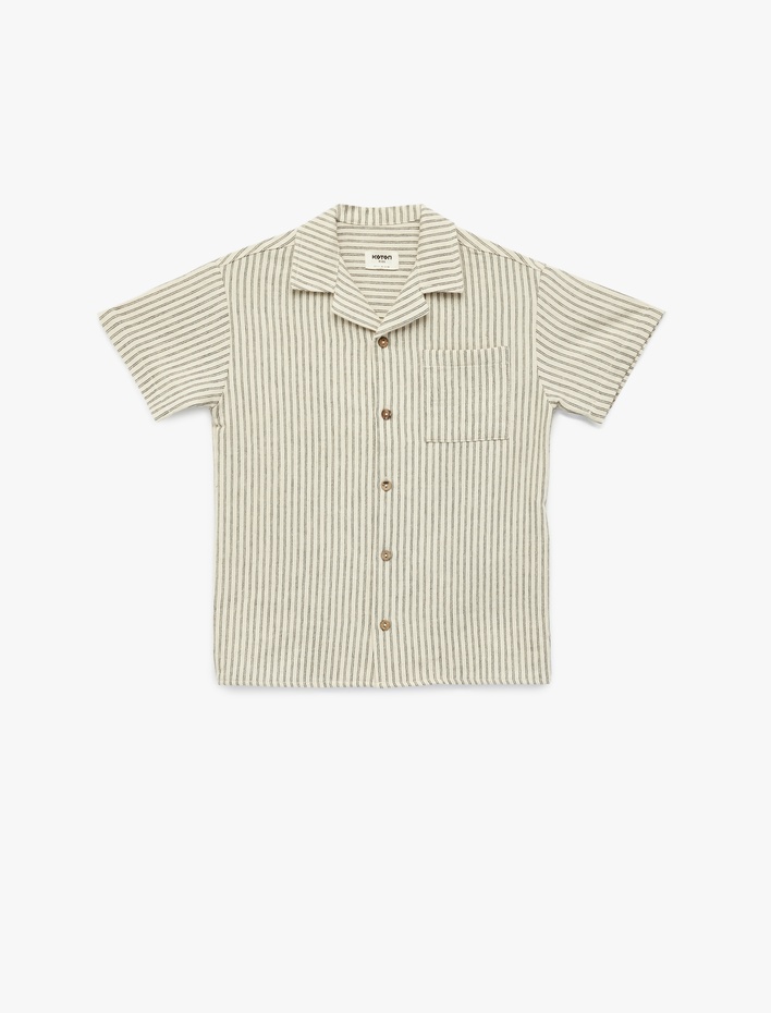 Erkek Çocuk Kısa Kollu Devrik Yaka Tek Cepli Pamuklu Çizgili Gömlek