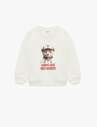 Uzun Kollu Bisiklet Yaka Ayıcık Baskılı Pamuklu Sweatshirt