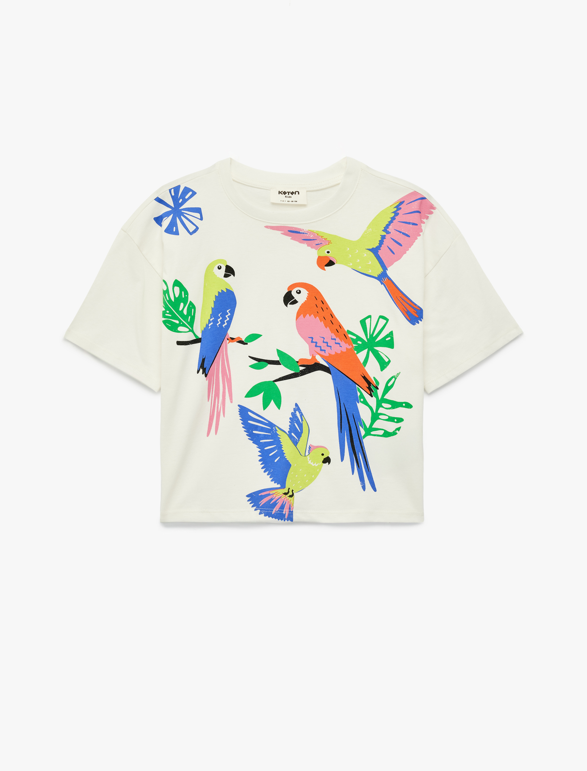  Kız Çocuk Papağan Baskılı Kısa Kollu Bisiklet Yaka Pamuklu Oversize Tişört