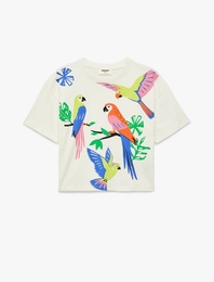 Papağan Baskılı Kısa Kollu Bisiklet Yaka Pamuklu Oversize Tişört