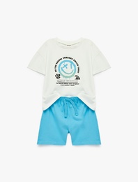 Baskılı Kısa Kollu Bisiklet Yaka Pamuklu 2'li Tişört ve Şort Seti