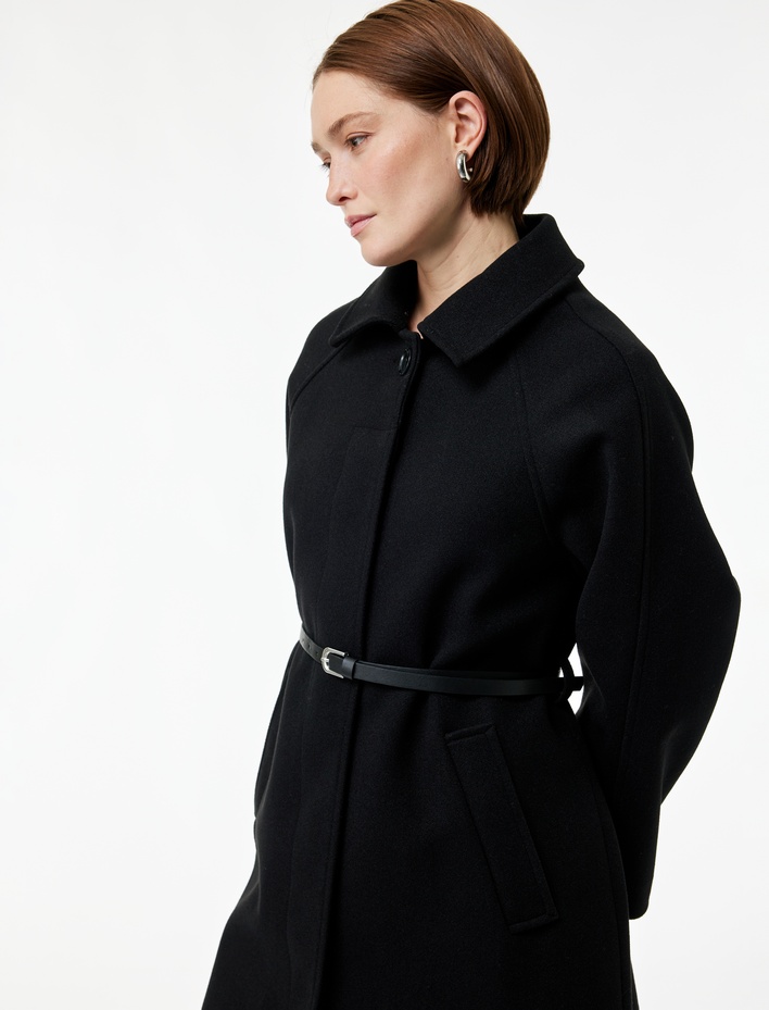  Kemerli Kaşe Kaban Cepli Regular Fit Uzun Kollu