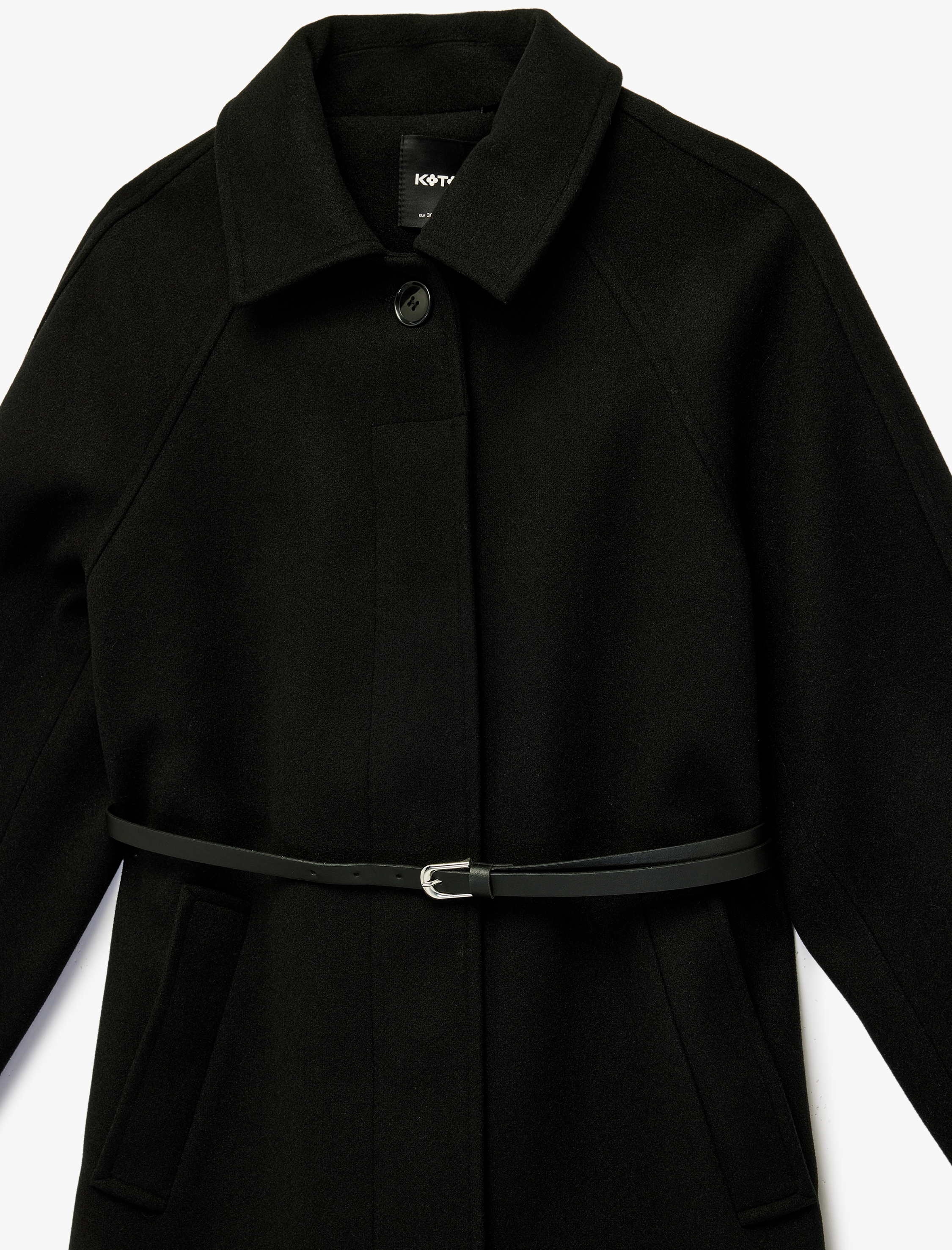   Kemerli Kaşe Kaban Cepli Regular Fit Uzun Kollu