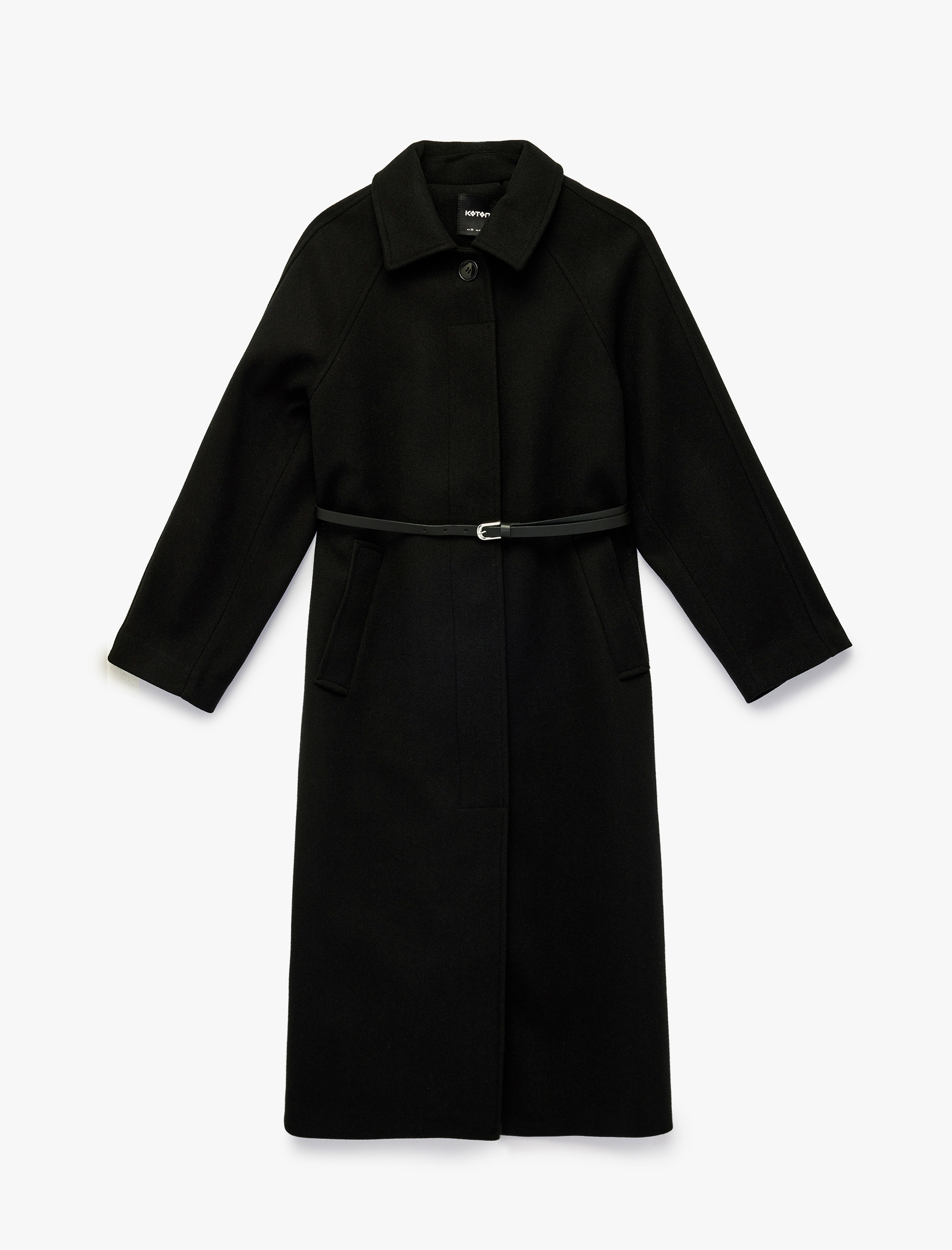   Kemerli Kaşe Kaban Cepli Regular Fit Uzun Kollu