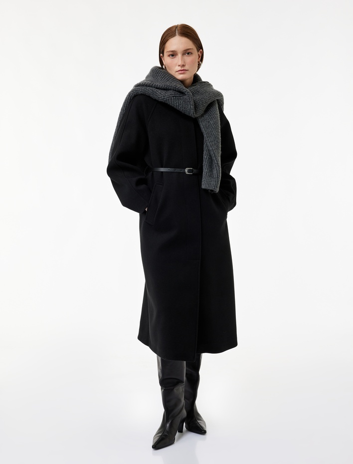  Kemerli Kaşe Kaban Cepli Regular Fit Uzun Kollu