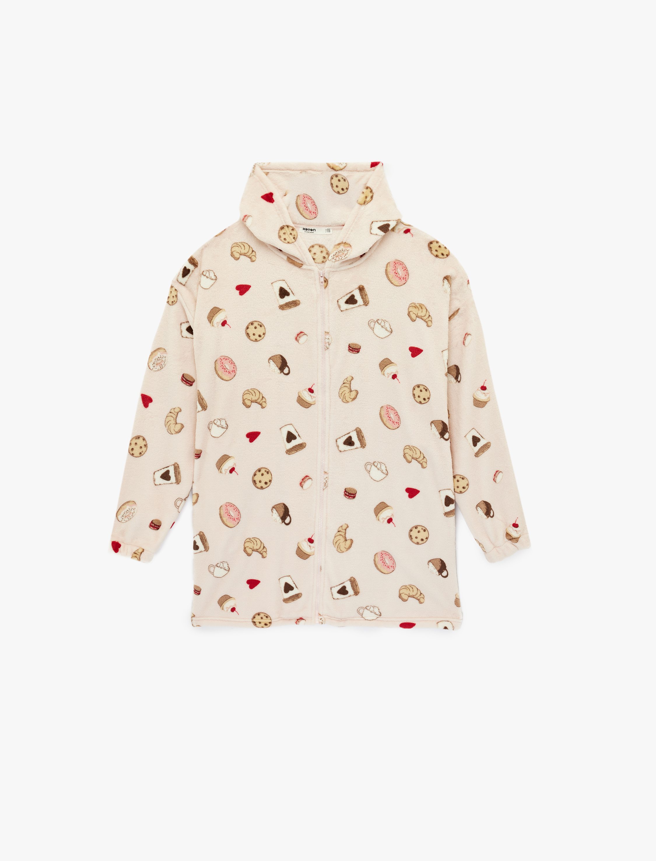   Kapüşonlu Uzun Kollu Baskılı Fermuarlı Oversize Sabahlık