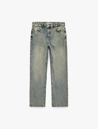 Yüksek Bel Cepli Pamuklu Düz Paça Straight Fit Denim Pantolon - Straight Jeans