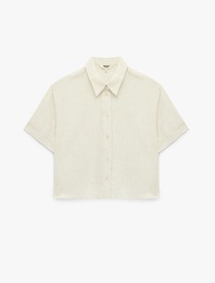 Regular Fit Düğmeli Klasik Yaka Kısa Kollu Keten Karışımlı Gömlek