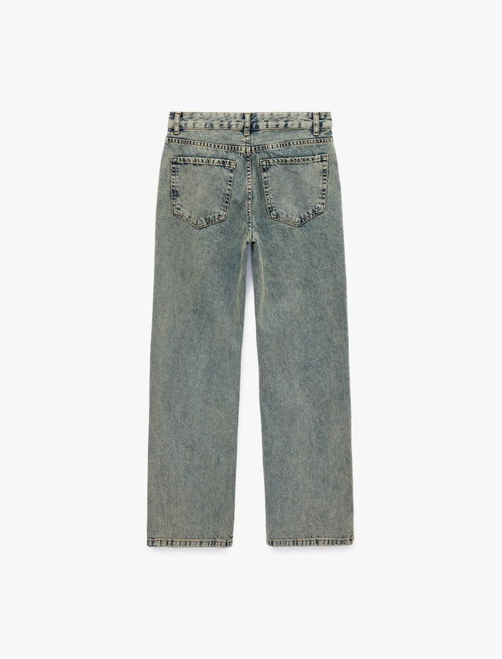  Yüksek Bel Cepli Pamuklu Düz Paça Straight Fit Denim Pantolon - Straight Jeans