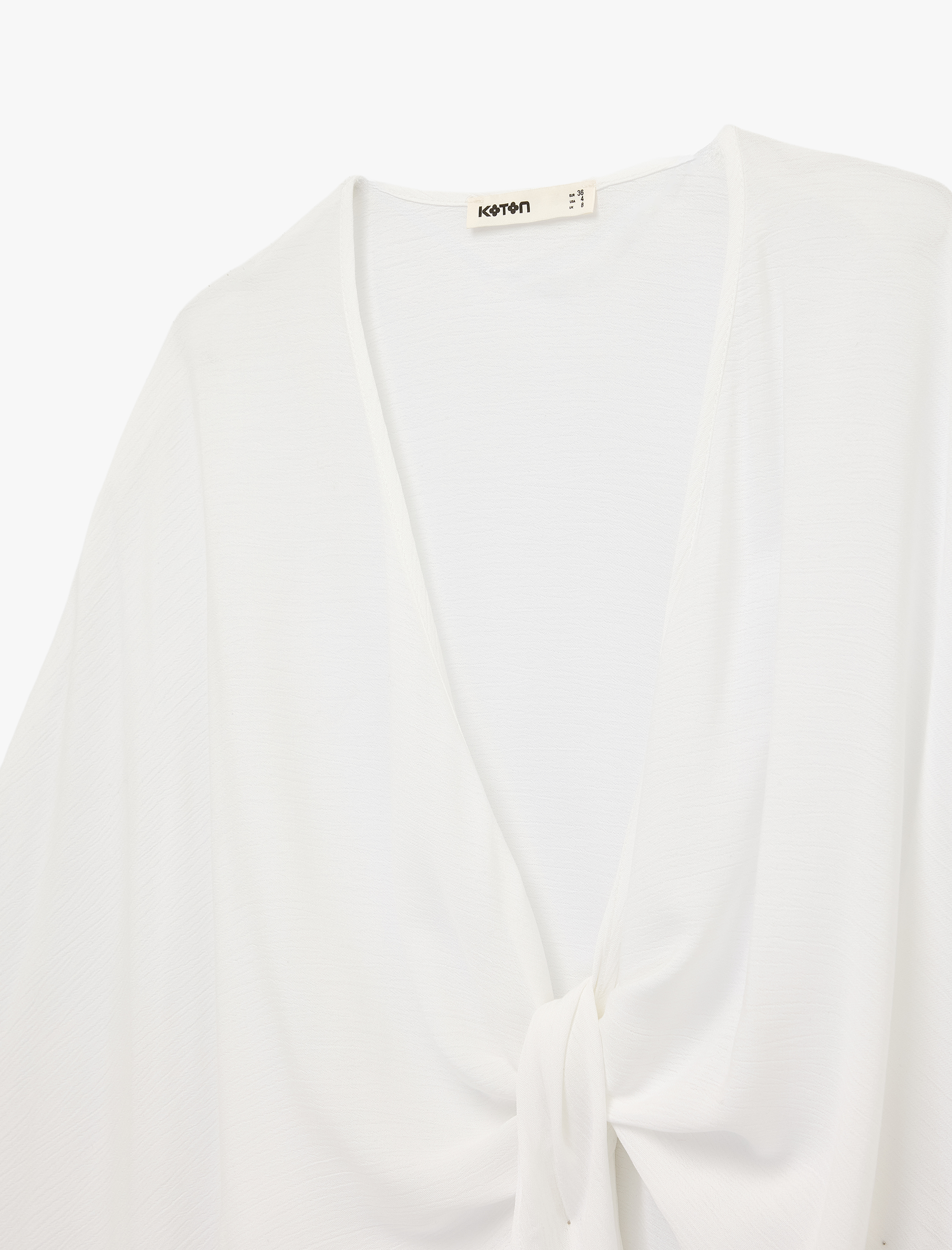   Uzun Kollu Viskon Bol Kalıp Bağlama Detaylı Crop Kruvaze Yaka Bluz