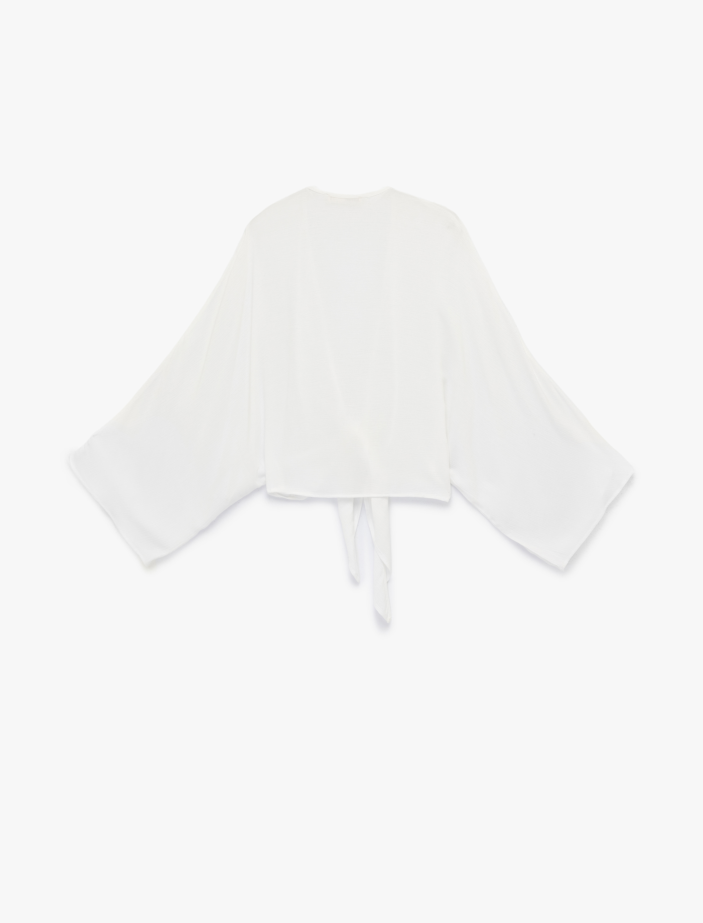   Uzun Kollu Viskon Bol Kalıp Bağlama Detaylı Crop Kruvaze Yaka Bluz