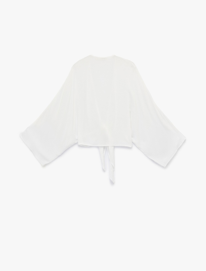  Uzun Kollu Viskon Bol Kalıp Bağlama Detaylı Crop Kruvaze Yaka Bluz