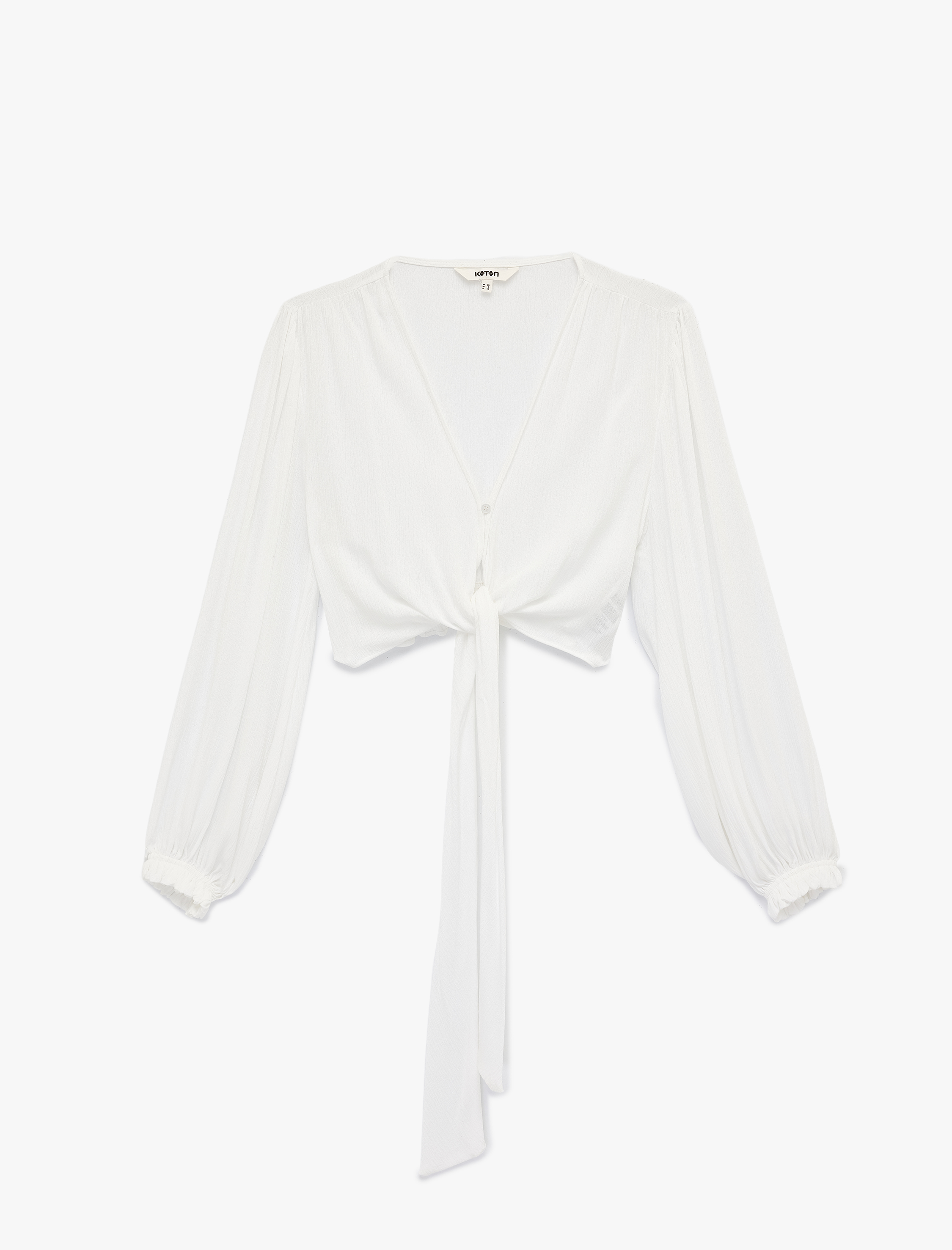   Uzun Kollu Bol Kalıp Viskon Krinkıl V Yaka Crop Bağlamalı Bluz