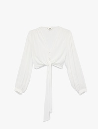 Uzun Kollu Bol Kalıp Viskon Krinkıl V Yaka Crop Bağlamalı Bluz