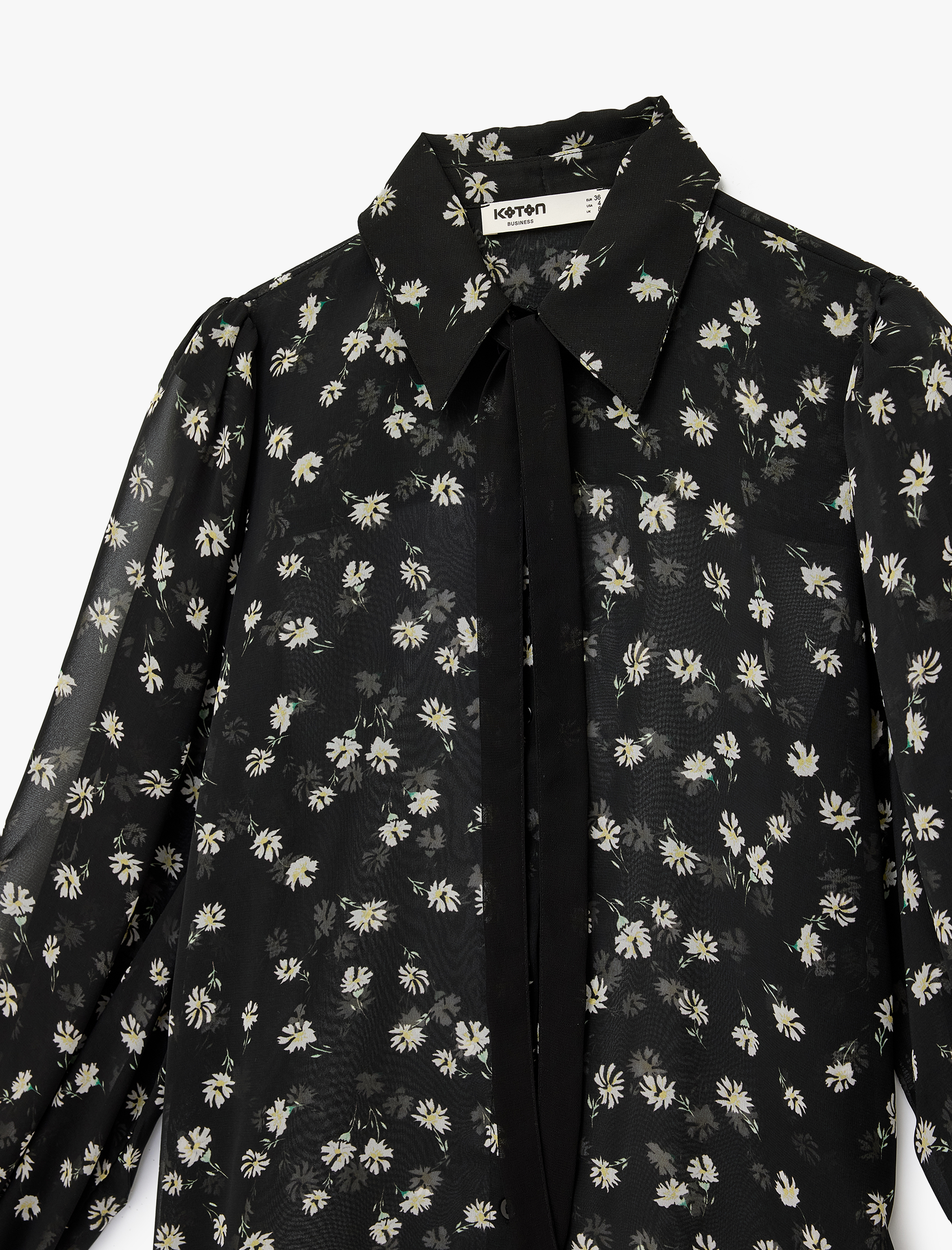   Uzun Kollu Klasik Yaka Çiçekli Tül Transparan Gömlek