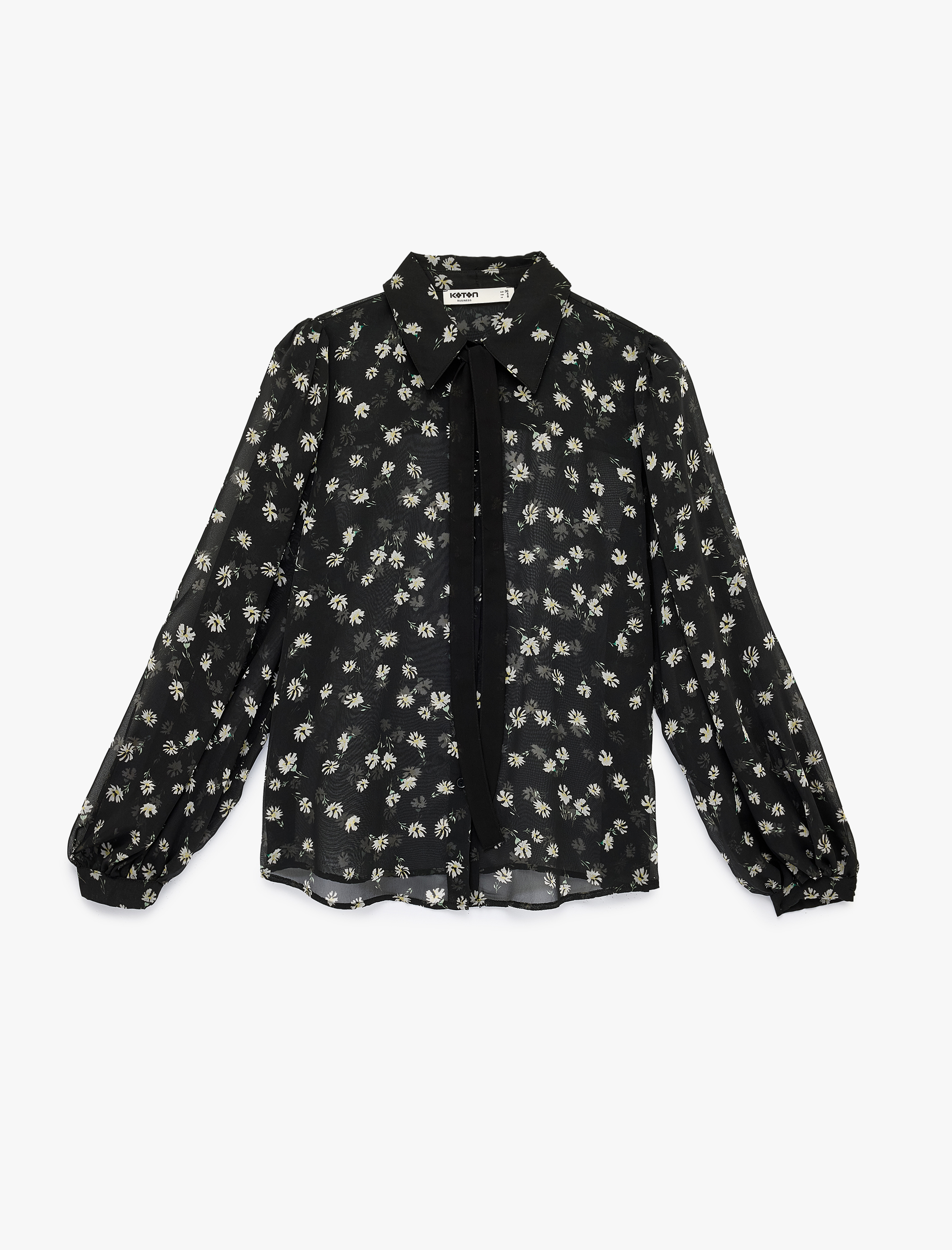   Uzun Kollu Klasik Yaka Çiçekli Tül Transparan Gömlek