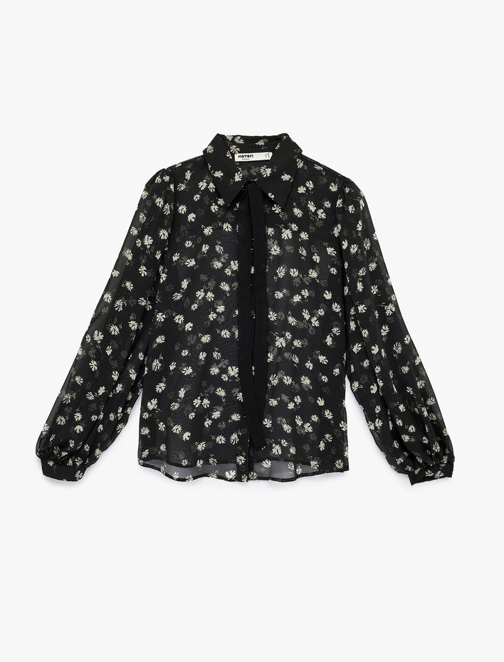  Uzun Kollu Klasik Yaka Çiçekli Tül Transparan Gömlek