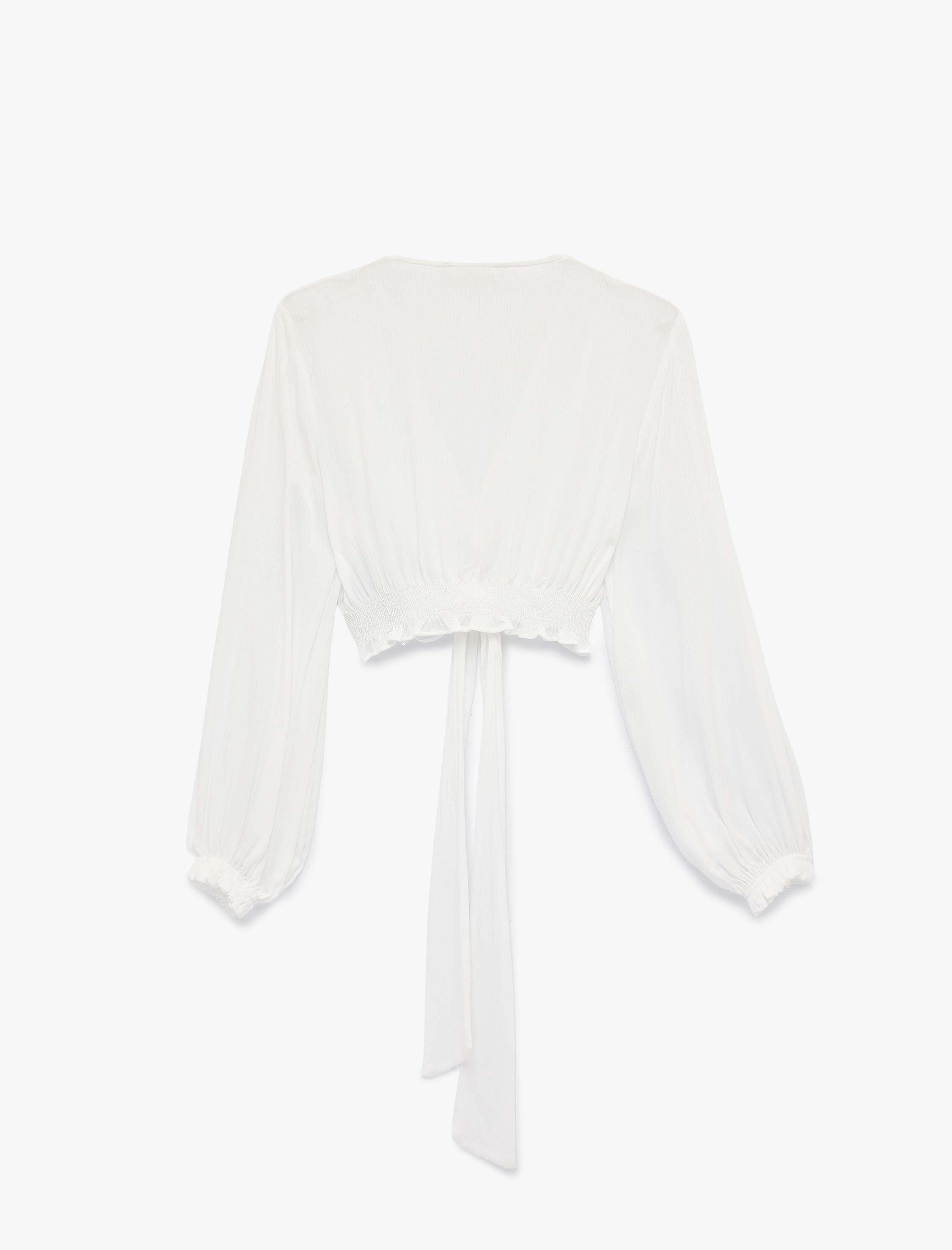   Uzun Kollu Bol Kalıp Viskon Krinkıl V Yaka Crop Bağlamalı Bluz