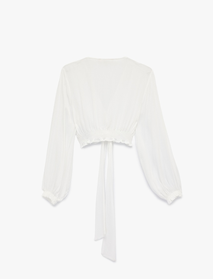  Uzun Kollu Bol Kalıp Viskon Krinkıl V Yaka Crop Bağlamalı Bluz