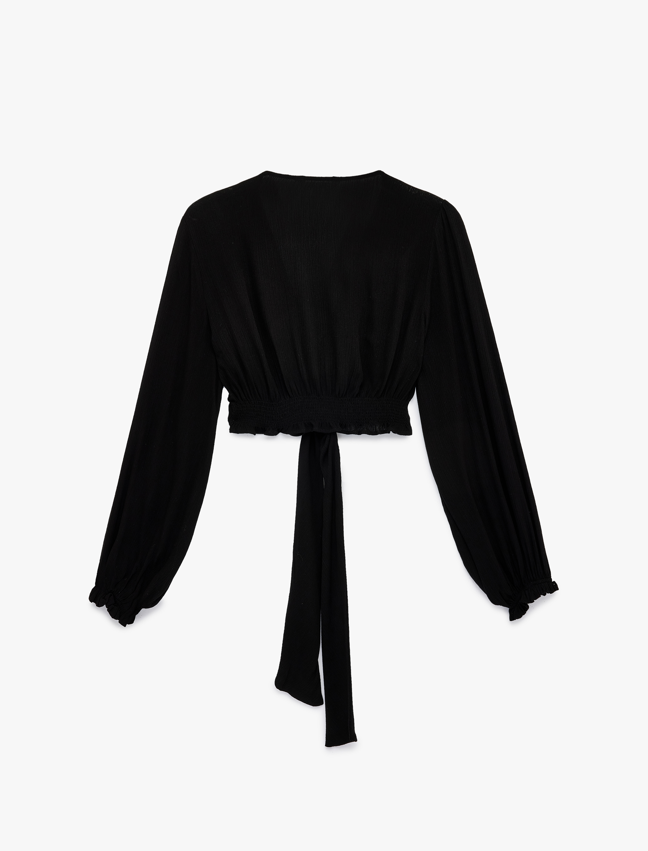   Uzun Kollu Bol Kalıp Viskon Krinkıl V Yaka Crop Bağlamalı Bluz