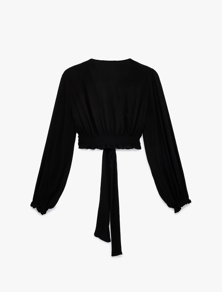  Uzun Kollu Bol Kalıp Viskon Krinkıl V Yaka Crop Bağlamalı Bluz