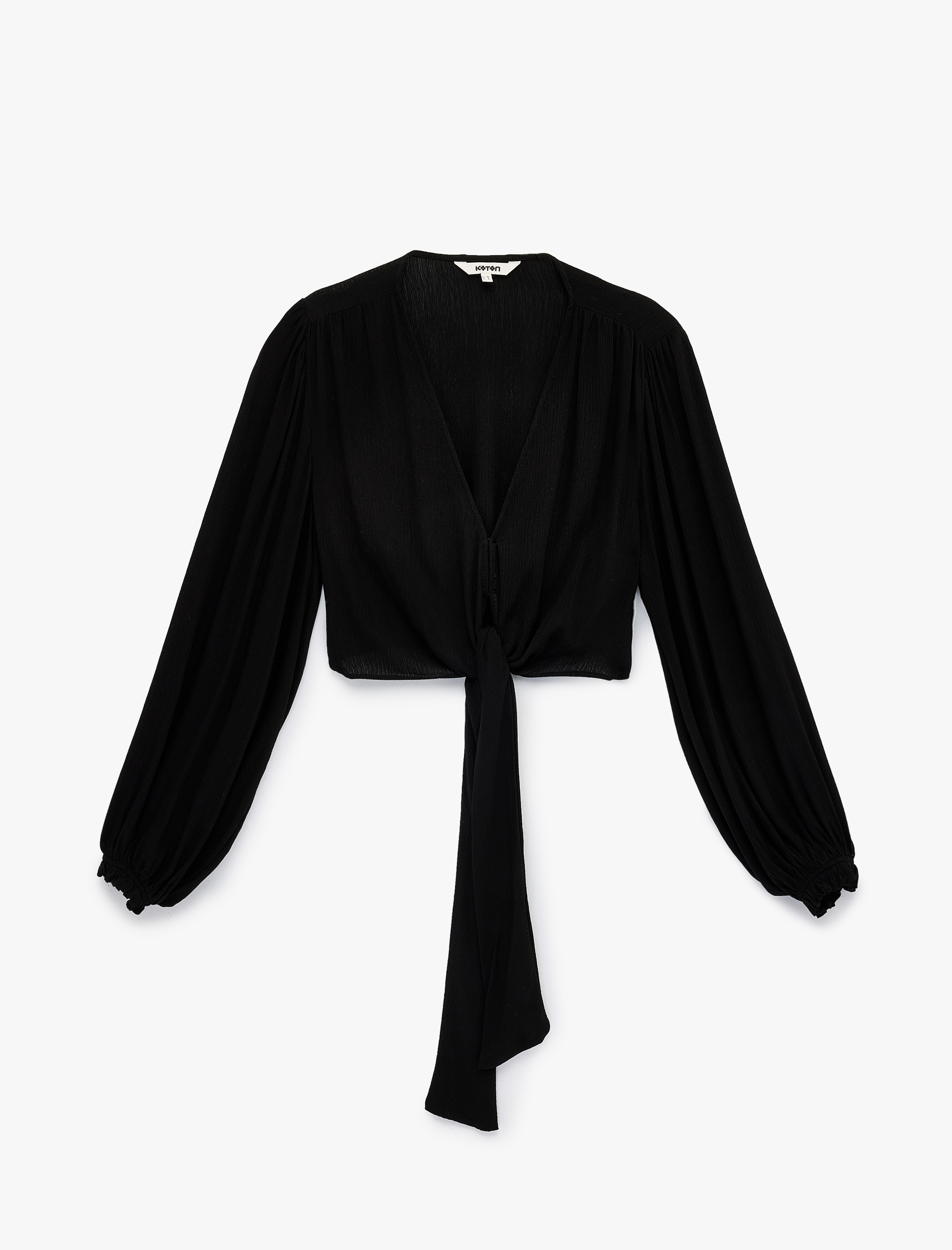   Uzun Kollu Bol Kalıp Viskon Krinkıl V Yaka Crop Bağlamalı Bluz