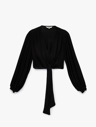 Uzun Kollu Bol Kalıp Viskon Krinkıl V Yaka Crop Bağlamalı Bluz