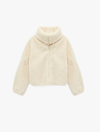 Uzun Kollu Dik Yaka Fermuarlı Peluş Ceket