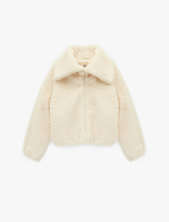  Uzun Kollu Dik Yaka Fermuarlı Peluş Ceket