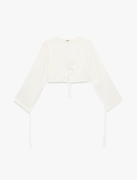 Modal V Yaka Uzun Kollu Bağlamalı Crop Bluz