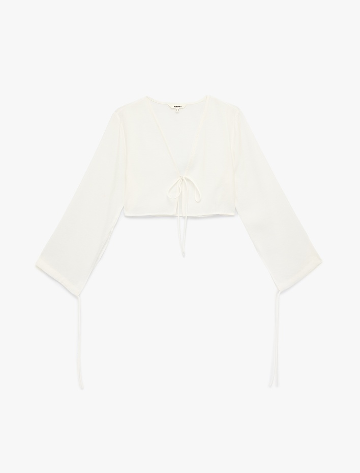  Modal V Yaka Uzun Kollu Bağlamalı Crop Bluz