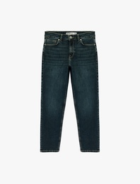 Düz Paça Cepli Düğmeli Normal Bel Pamuklu Straight Fit Denim Pantolon - Straight Jeans