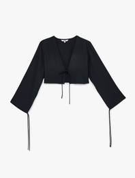 Modal V Yaka Uzun Kollu Bağlamalı Crop Bluz