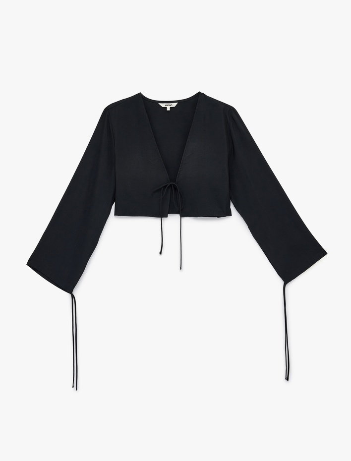  Modal V Yaka Uzun Kollu Bağlamalı Crop Bluz