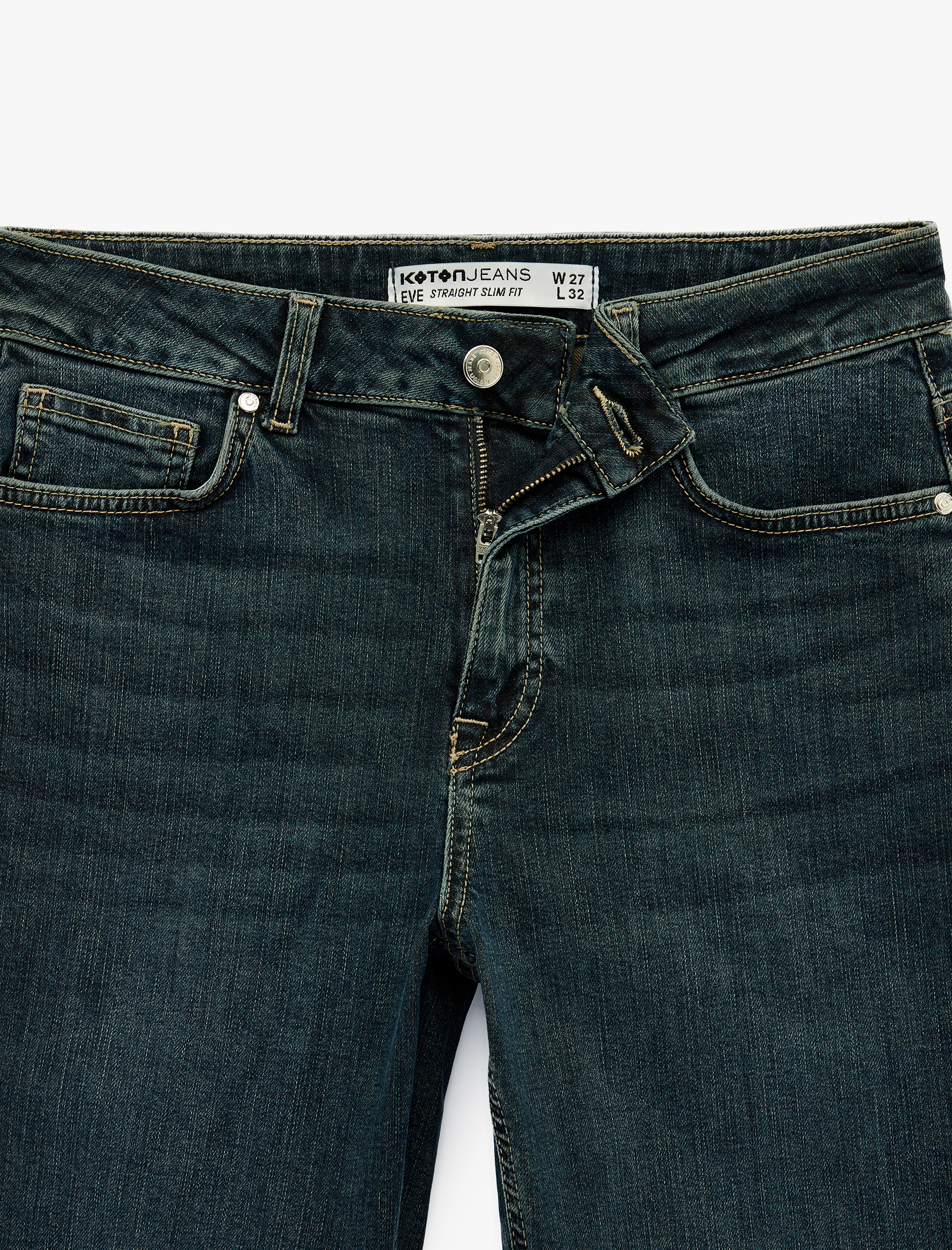   Düz Paça Cepli Düğmeli Normal Bel Pamuklu Straight Fit Denim Pantolon - Straight Jeans