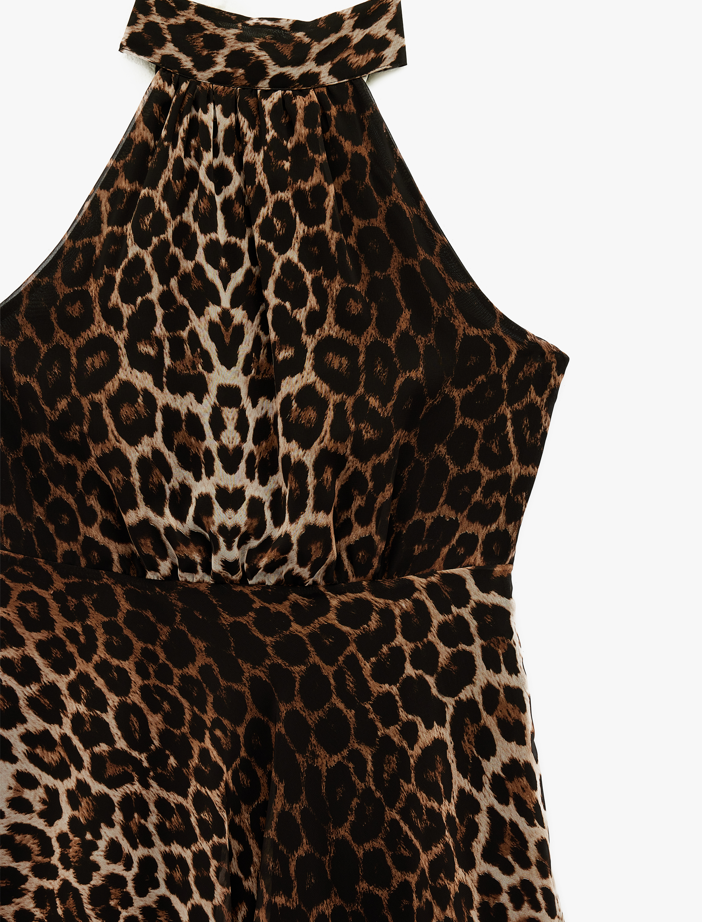   Halter Yaka Pileli Kolsuz Volanlı Midi Leopar Elbise