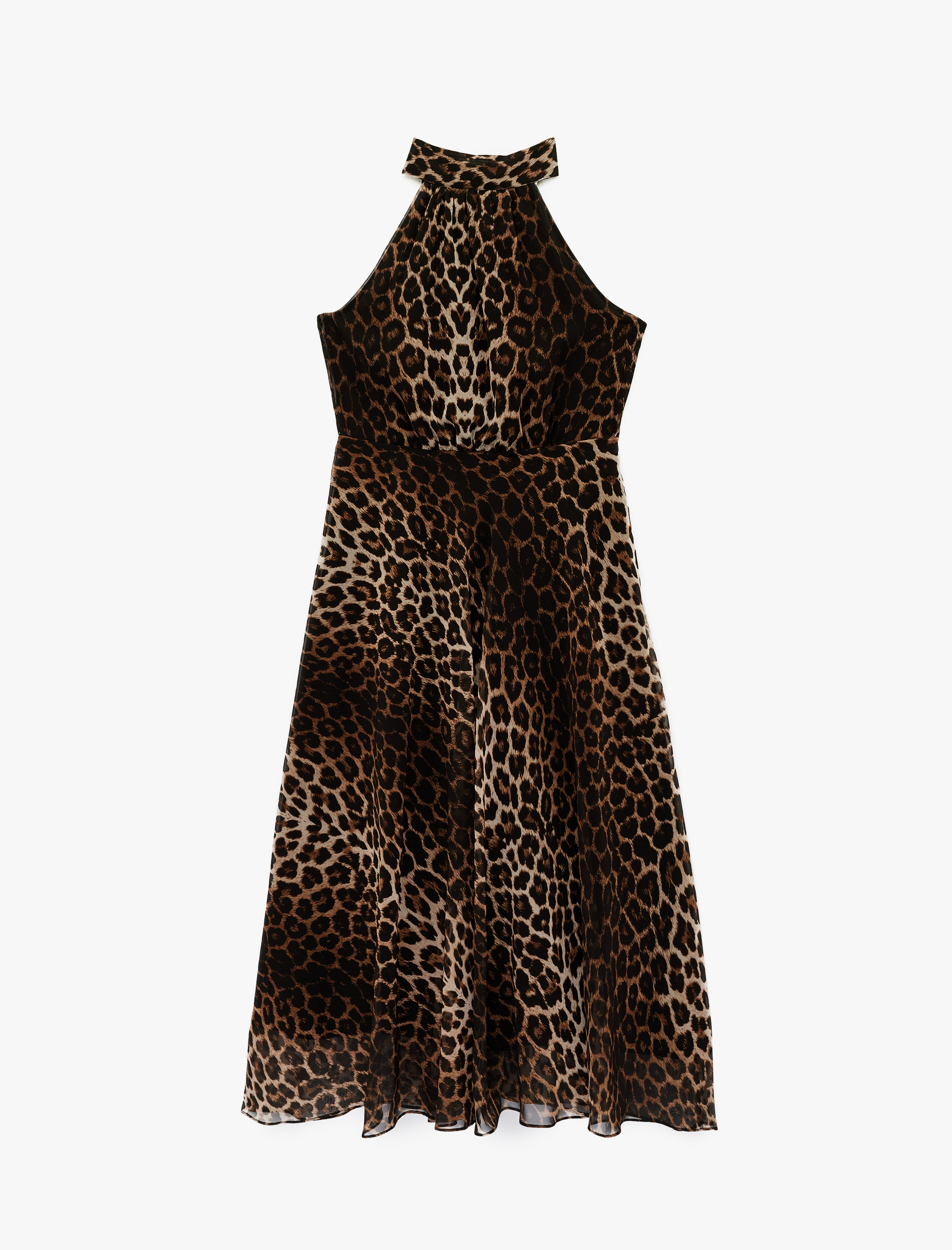   Halter Yaka Pileli Kolsuz Volanlı Midi Leopar Elbise