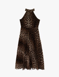 Halter Yaka Pileli Kolsuz Volanlı Midi Leopar Elbise