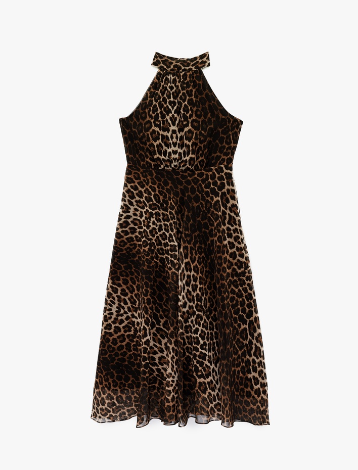  Halter Yaka Pileli Kolsuz Volanlı Midi Leopar Elbise