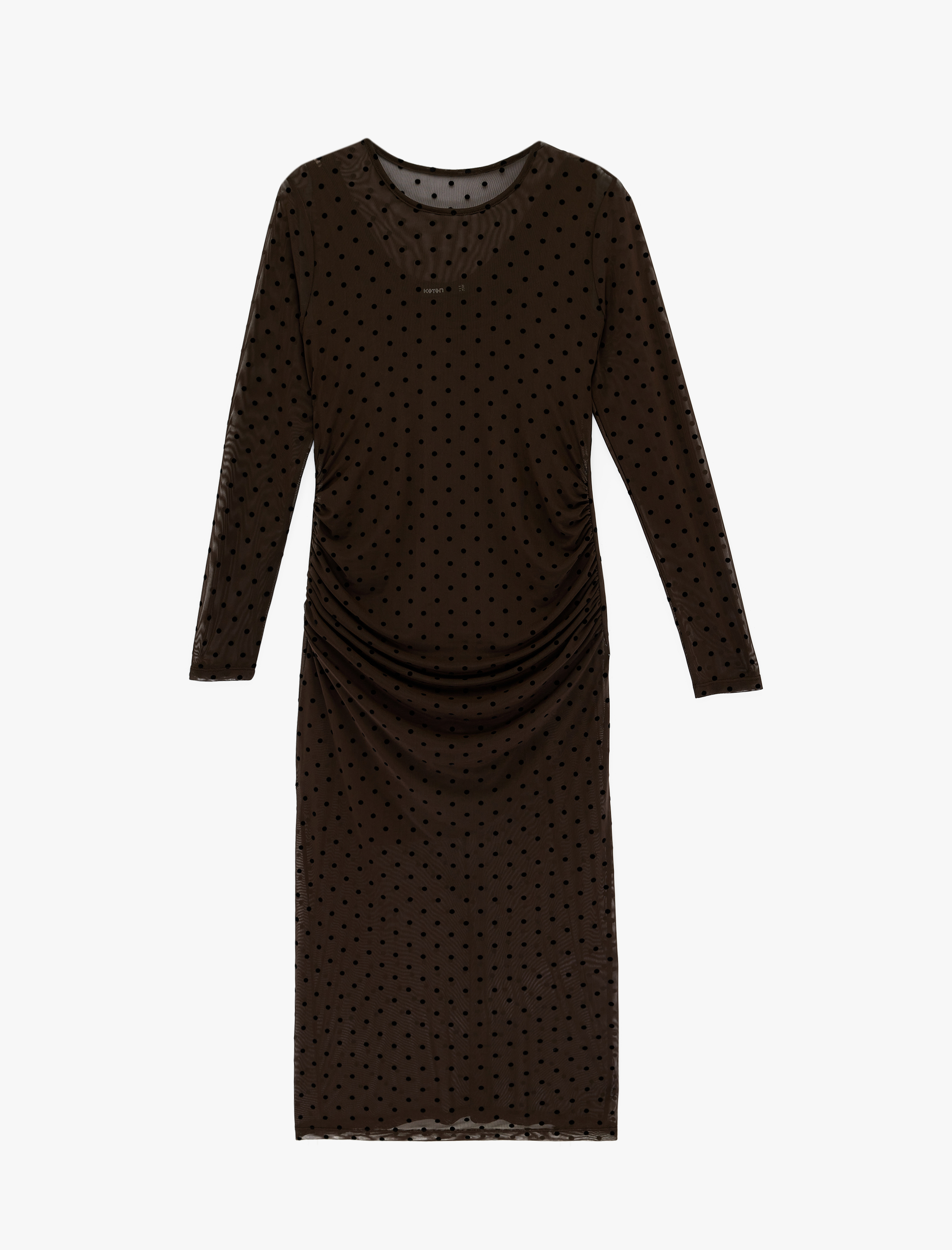   Uzun Kollu Slim Fit Bisiklet Yaka Drapeli Puantiyeli Midi Tül Elbise