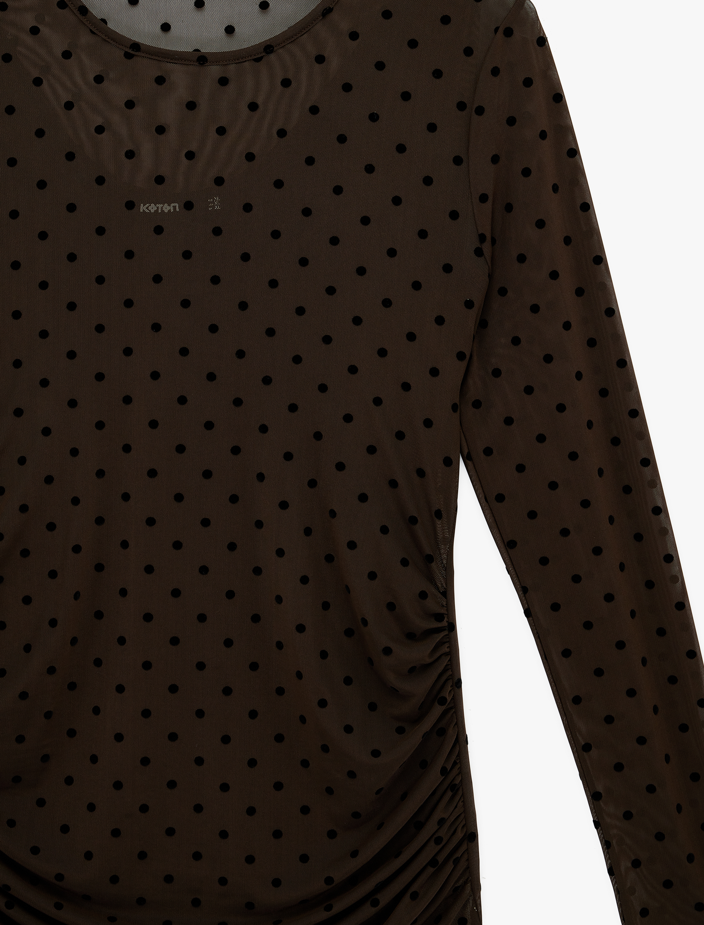   Uzun Kollu Slim Fit Bisiklet Yaka Drapeli Puantiyeli Midi Tül Elbise