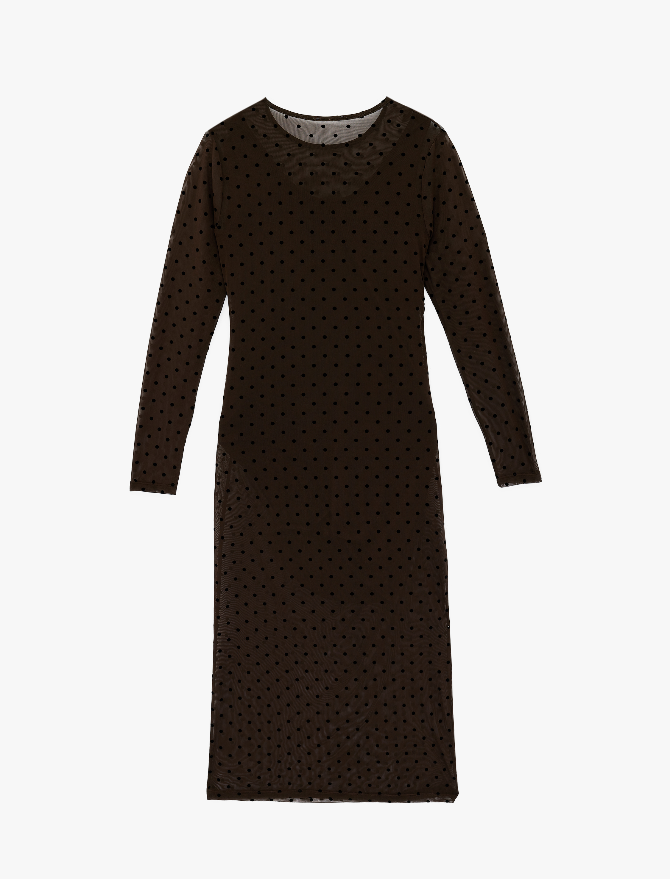   Uzun Kollu Slim Fit Bisiklet Yaka Drapeli Puantiyeli Midi Tül Elbise