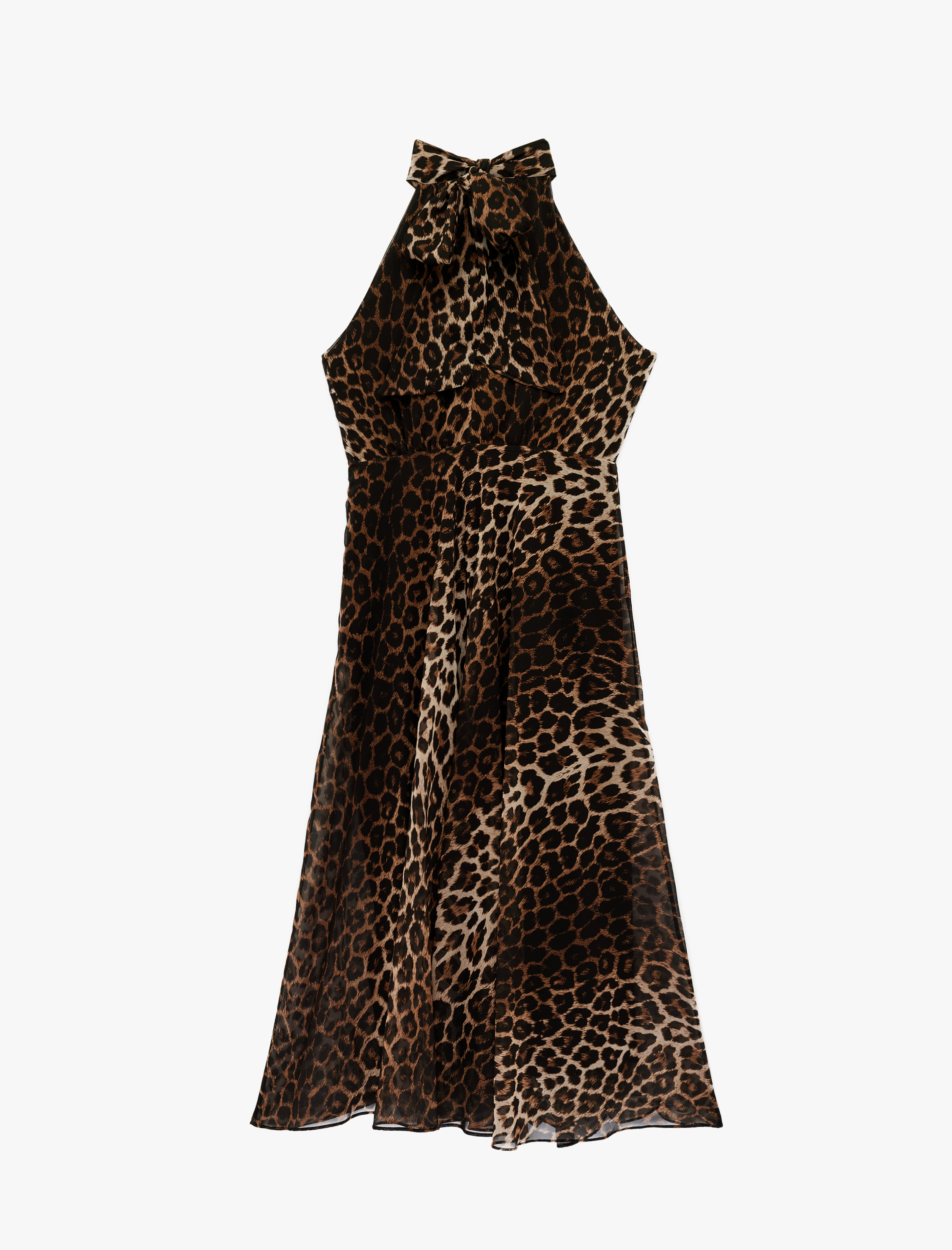   Halter Yaka Pileli Kolsuz Volanlı Midi Leopar Elbise