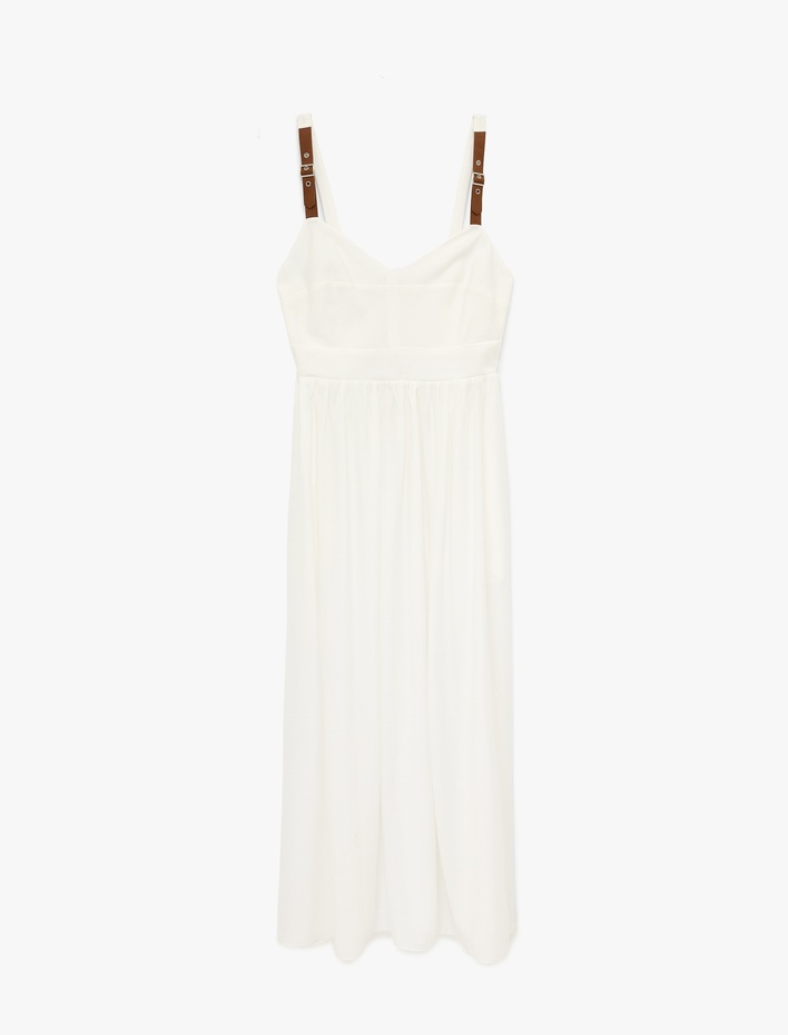  Bol Kalıp V Yaka Cepli Kemer Detaylı Askılı Modal Midi Elbise