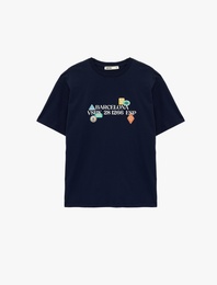 Kısa Kollu Bisiklet Yaka Pamuklu Baskılı Oversize Tişört